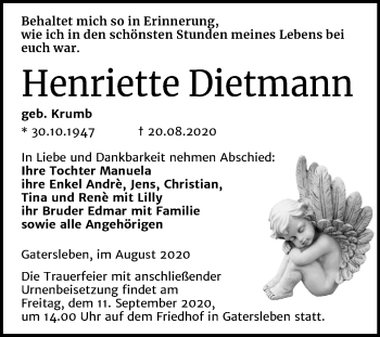 Traueranzeige von Henriette Dietmann von Mitteldeutsche Zeitung Aschersleben