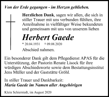 Traueranzeige von Herbert Gaede von Super Sonntag Aschersleben