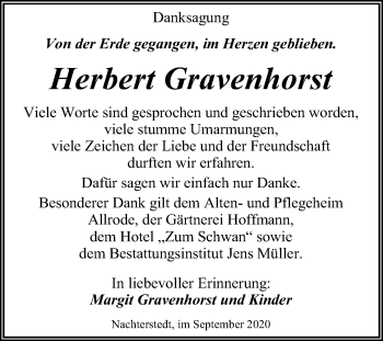 Traueranzeige von Herbert Gravenhorst von Mitteldeutsche Zeitung Aschersleben