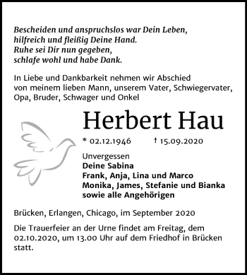 Traueranzeige von Herbert Hau von Super Sonntag Sangerhausen