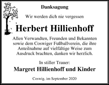 Traueranzeige von Herbert Hillienhoff von Super Sonntag Wittenberg