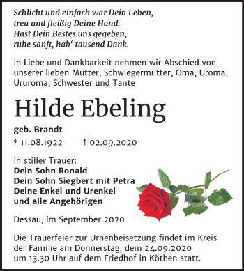 Traueranzeige von Hilde Ebeling von Mitteldeutsche Zeitung Köthen