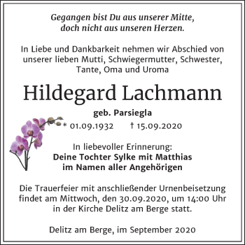 Traueranzeige von Hildegard Lachmann von Super Sonntag Merseburg/Querfurt