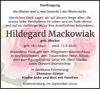 Traueranzeige von Hildegard Mackowiak von Mitteldeutsche Zeitung Köthen
