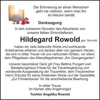 Traueranzeige von Hildegard Rowold von Super Sonntag Dessau-Roßlau