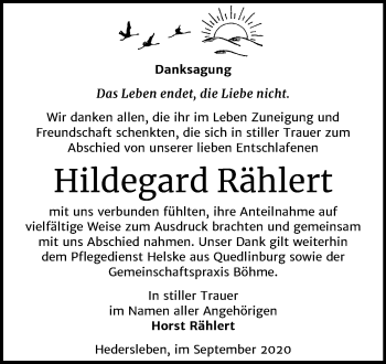 Traueranzeige von Hildegard Rählert von Mitteldeutsche Zeitung Quedlinburg