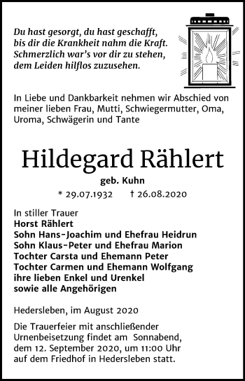Traueranzeige von Hildegard Rählert von Mitteldeutsche Zeitung Quedlinburg