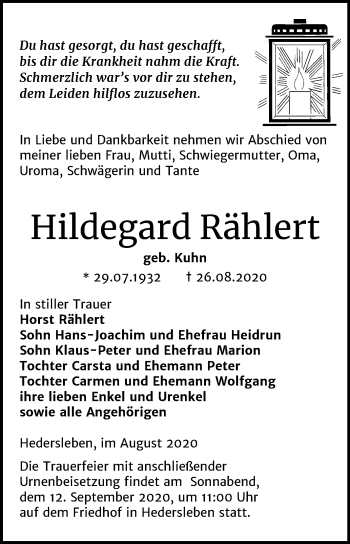 Traueranzeige von Hildegard Rählert von Super Sonntag Quedlinburg