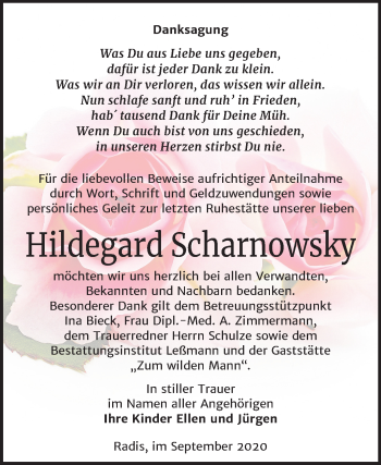 Traueranzeige von Hildegard Scharnowsky von Mitteldeutsche Zeitung Wittenberg