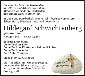 Traueranzeige von Hildegard Schwichtenberg von Super Sonntag Köthen