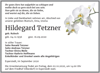 Traueranzeige von Hildegard Tetzner von Super Sonntag Merseburg/Querfurt