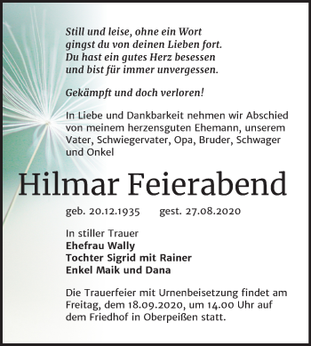 Traueranzeige von Hilmar Feierabend von Mitteldeutsche Zeitung Bernburg
