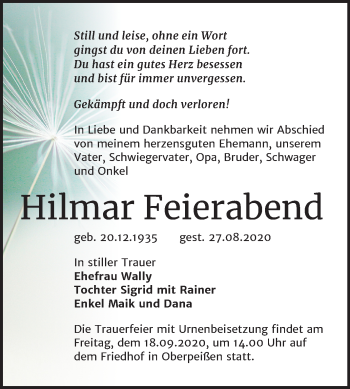 Traueranzeige von Hilmar Feierabend von Super Sonntag Bernburg