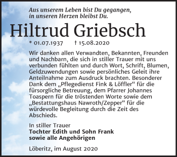 Traueranzeige von Hiltrud Griebsch von Wochenspiegel Bitterfeld