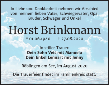Traueranzeige von Horst Brinkmann von Mitteldeutsche Zeitung Mansfelder Land