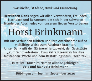 Traueranzeige von Horst Brinkmann von Super Sonntag Mansfelder Land