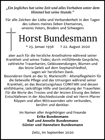 Traueranzeige von Horst Bundesmann von Mitteldeutsche Zeitung Zeitz