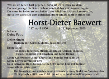 Traueranzeige von Horst-Dieter Baewert von Super Sonntag Mansfelder Land / Quedlinburg
