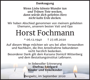 Traueranzeige von Horst Fochmann von Super Sonntag Wittenberg