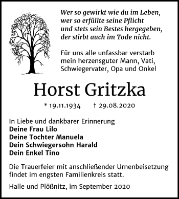 Traueranzeige von Horst Gritzka von Mitteldeutsche Zeitung Halle/Saalkreis