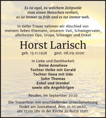 Traueranzeige von Horst Larisch von Mitteldeutsche Zeitung Wittenberg