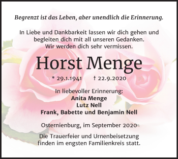 Traueranzeige von Horst Menge von Mitteldeutsche Zeitung Köthen