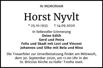 Traueranzeige von Horst Nyvlt von Mitteldeutsche Zeitung Halle/Saalkreis