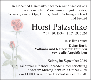 Traueranzeige von Horst Patzschke von Mitteldeutsche Zeitung Sangerhausen