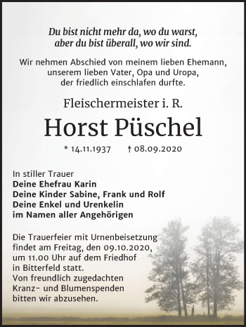 Traueranzeige von Horst Püschel von Wochenspiegel Bitterfeld