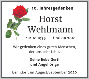 Traueranzeige von Horst Wehlmann von Wochenspiegel Mansfelder Land
