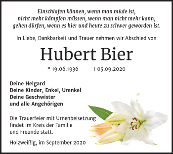 Traueranzeige von Hubert Bier von Mitteldeutsche Zeitung Bitterfeld