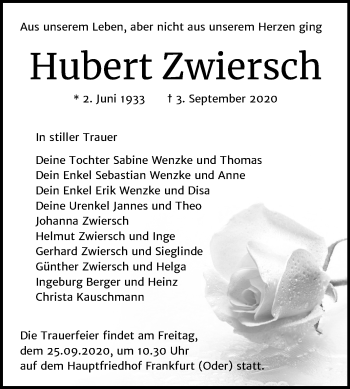 Traueranzeige von Hubert Zwiersch von Super Sonntag Wittenberg
