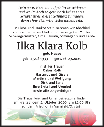 Traueranzeige von Ilka Klara Kolb von Wochenspiegel Mansfelder Land