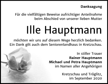 Traueranzeige von Ille Hauptmann von Mitteldeutsche Zeitung Zeitz