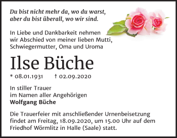 Traueranzeige von Ilse Büche von Mitteldeutsche Zeitung Halle/Saalkreis