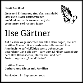 Traueranzeige von Ilse Gärtner von Mitteldeutsche Zeitung Merseburg/Querfurt