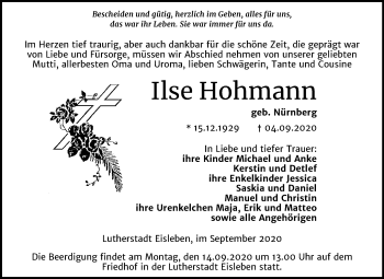 Traueranzeige von Ilse Hohmann von Super Sonntag Mansfelder Land