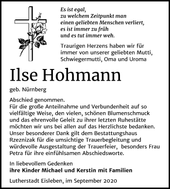Traueranzeige von Ilse Hohmann von Mitteldeutsche Zeitung Mansfelder Land