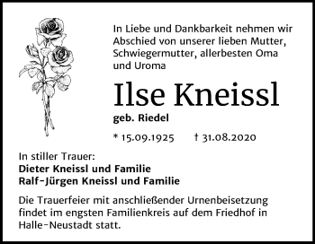 Traueranzeige von Ilse Kneissl von Mitteldeutsche Zeitung Halle/Saalkreis