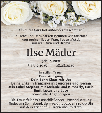 Traueranzeige von Ilse Mäder von Super Sonntag Wittenberg