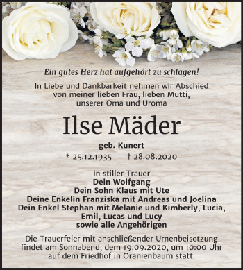 Traueranzeige von Ilse Mäder von Mitteldeutsche Zeitung Wittenberg
