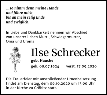 Traueranzeige von Ilse Schrecker von Wochenspiegel Weißenfels