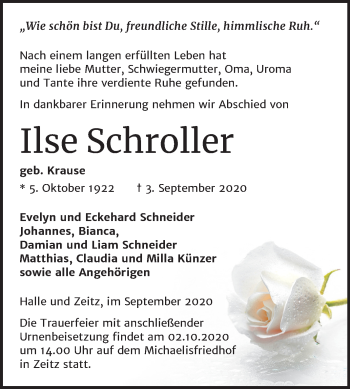 Traueranzeige von Ilse Schroller von Mitteldeutsche Zeitung Zeitz
