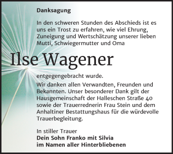 Traueranzeige von Ilse Wagener von Mitteldeutsche Zeitung Dessau-Roßlau
