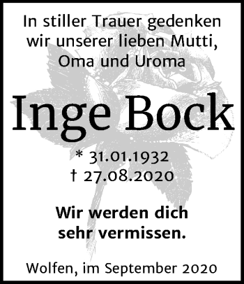 Traueranzeige von Inge Bock von Mitteldeutsche Zeitung Bitterfeld
