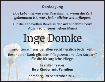 Traueranzeige von Inge Domke von Mitteldeutsche Zeitung Wittenberg