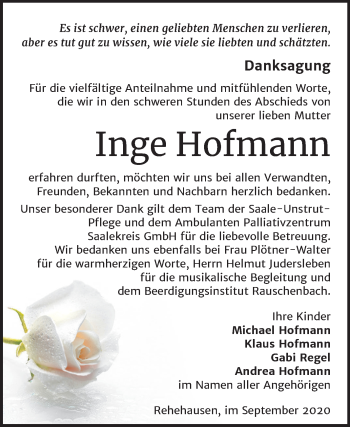 Traueranzeige von Inge Hofmann von Wochenspiegel Naumburg/Nebra
