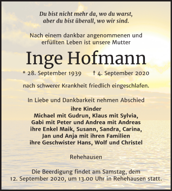 Traueranzeige von Inge Hofmann von Mitteldeutsche Zeitung Naumburg/Nebra