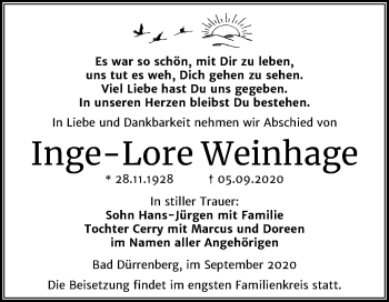 Traueranzeige von Inge-Lore Weinhage von Mitteldeutsche Zeitung Merseburg/Querfurt
