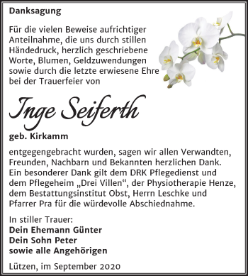 Traueranzeige von Inge Seiferth von Mitteldeutsche Zeitung Weißenfels